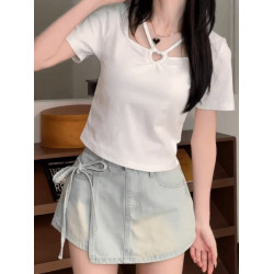 大碼設計感黑色鏤空正肩短袖t恤女夏季胖mm巨顯瘦別致修身小上衣