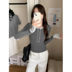 設計感撞色拼接打底衫女春秋2025紐釦V領小衆獨特上衣韓版長袖T恤