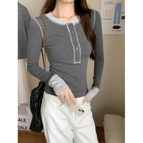 設計感撞色拼接打底衫女春秋2025紐釦V領小衆獨特上衣韓版長袖T恤