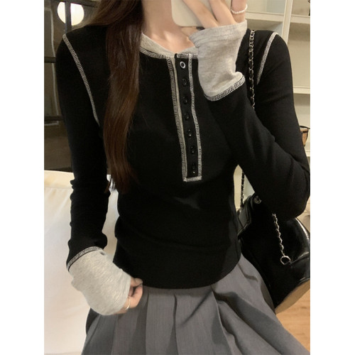 設計感撞色拼接打底衫女春秋2025紐釦V領小衆獨特上衣韓版長袖T恤