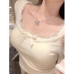 蕾絲打底衫女秋冬2025新款純欲德絨長袖t恤茶藝內搭低領短款上衣