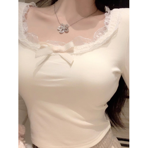 蕾絲打底衫女秋冬2025新款純欲德絨長袖t恤茶藝內搭低領短款上衣