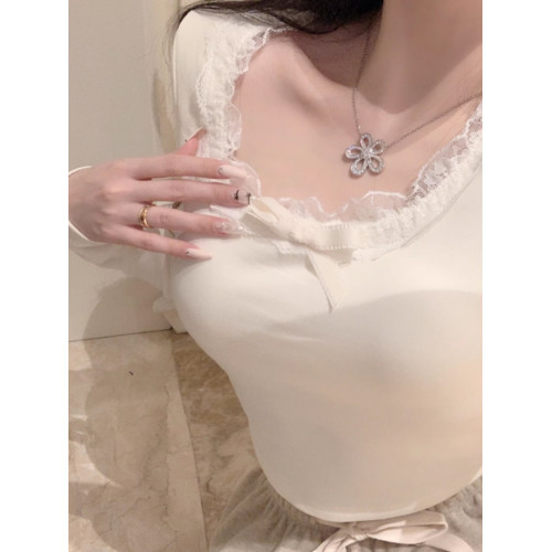 蕾絲打底衫女秋冬2025新款純欲德絨長袖t恤茶藝內搭低領短款上衣