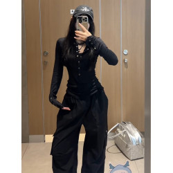 別致黑色V領長袖T恤女秋季2025新款辣妹風修身顯瘦上衣打底衫內搭