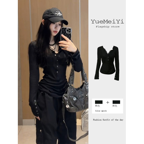 別致黑色V領長袖T恤女秋季2025新款辣妹風修身顯瘦上衣打底衫內搭 別致黑色V領長袖T恤女秋季2025新款辣妹風修身顯瘦上衣打底衫內搭