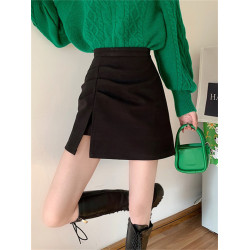 大碼胖妹妹mm毛呢半身裙女春秋開叉a字裙子顯瘦高腰褶皺包臀短裙