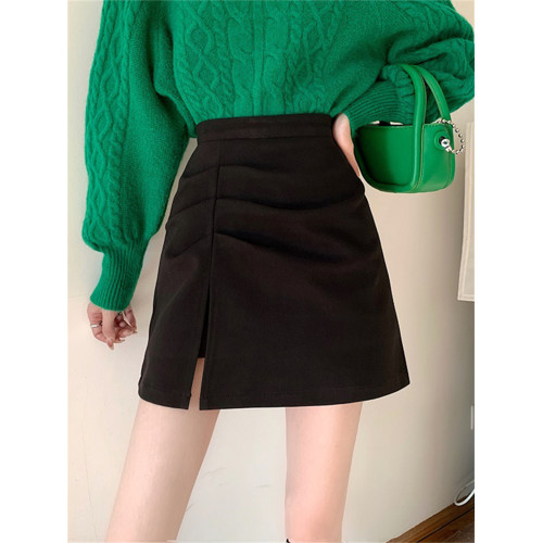 大碼胖妹妹mm毛呢半身裙女春秋開叉a字裙子顯瘦高腰褶皺包臀短裙 大碼胖妹妹mm毛呢半身裙女春秋開叉a字裙子顯瘦高腰褶皺包臀短裙