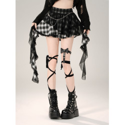 kellykitty鬼馬少女 #黑色格子波點半身裙夏網紗短裙不規則蓬蓬裙