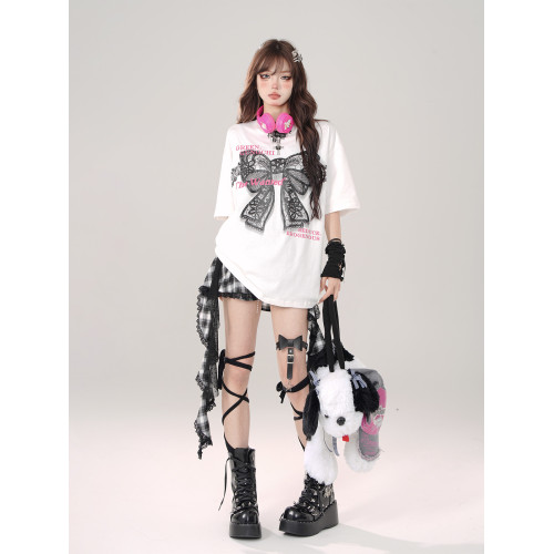 kellykitty鬼馬少女 #黑色格子波點半身裙夏網紗短裙不規則蓬蓬裙