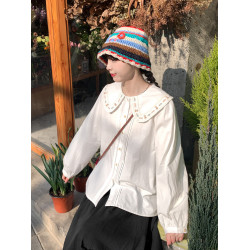 藝野系森系復古可愛娃娃領刺綉白色襯衫女春秋小個子獨特長袖上衣