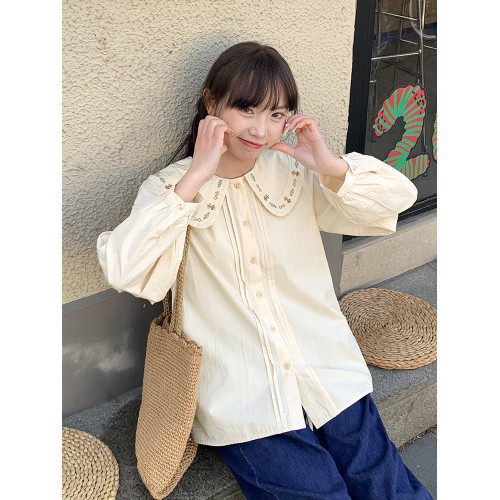 藝野系森系復古可愛娃娃領刺綉白色襯衫女春秋小個子獨特長袖上衣