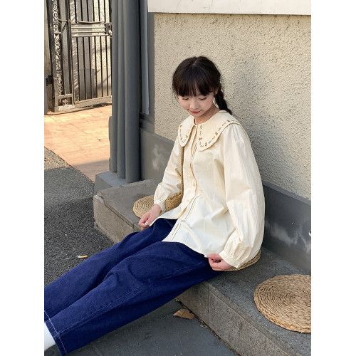 藝野系森系復古可愛娃娃領刺綉白色襯衫女春秋小個子獨特長袖上衣