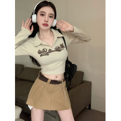 美式復古棕色辣妹T恤女早秋長袖內搭短款打底衫修身甜辣正肩上衣