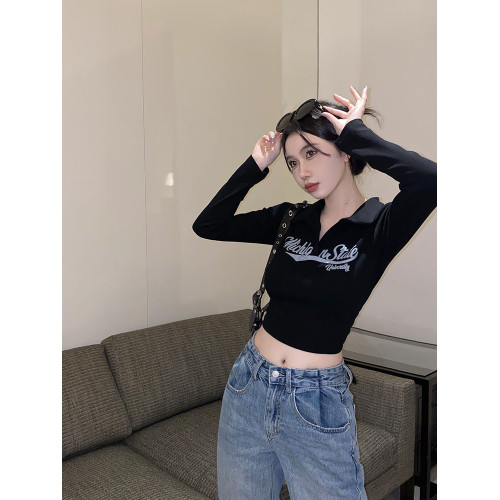 美式復古棕色辣妹T恤女早秋長袖內搭短款打底衫修身甜辣正肩上衣