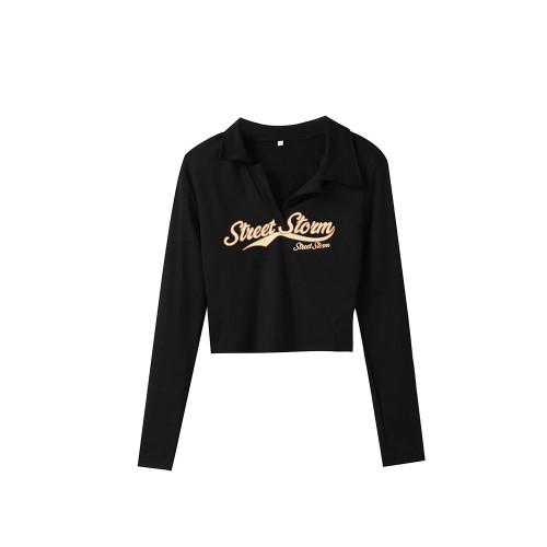 美式復古棕色辣妹T恤女早秋長袖內搭短款打底衫修身甜辣正肩上衣