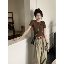 美拉德圓領修身短袖上衣女外穿短款甜酷辣妹穿搭百搭顯瘦T恤夏季