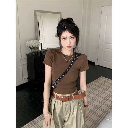 美拉德圓領修身短袖上衣女外穿短款甜酷辣妹穿搭百搭顯瘦T恤夏季