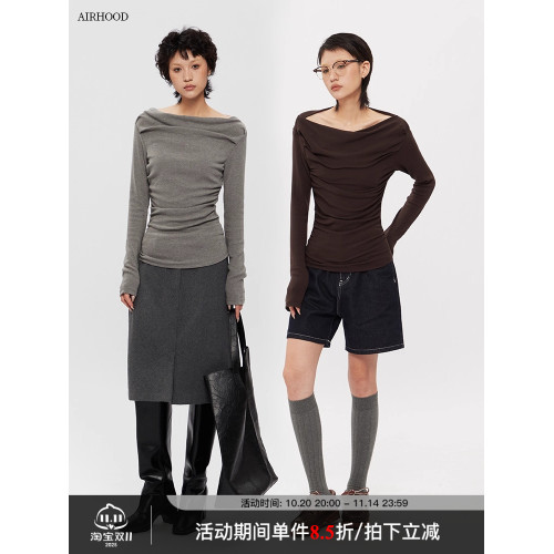 AIRHOOD 露肩一字領不規則長袖T恤女春秋斜肩收腰設計感內搭上衣