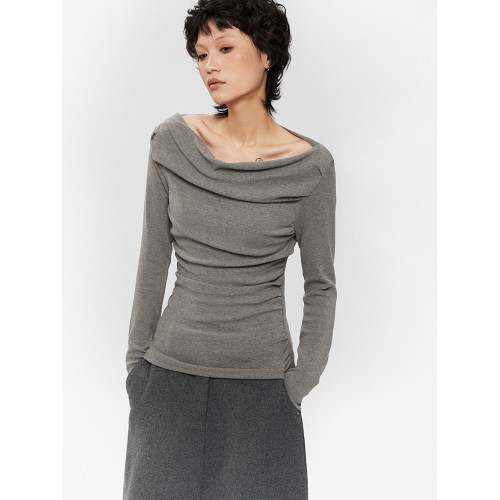 AIRHOOD 露肩一字領不規則長袖T恤女春秋斜肩收腰設計感內搭上衣