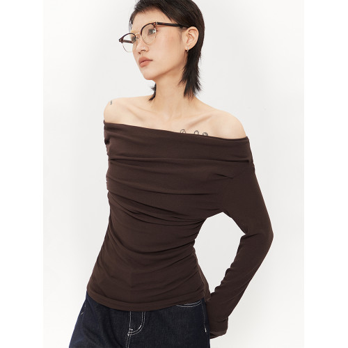 AIRHOOD 露肩一字領不規則長袖T恤女春秋斜肩收腰設計感內搭上衣