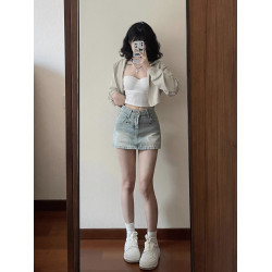 港風復古牛仔半身裙褲女大碼胖mm微胖a字短裙高腰顯瘦包臀裙子夏