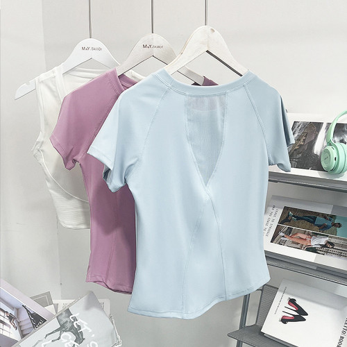 必入款！後X型網紗拼接性感圓領百搭短袖24夏日透氣插肩短款上衣