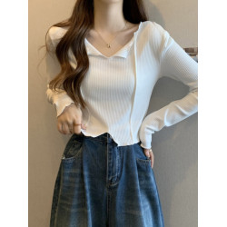 灰色V領短款打底衫女春秋季不規則高腰正肩內搭長袖T恤小個子上衣