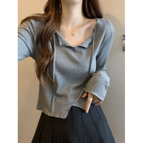 灰色V領短款打底衫女春秋季不規則高腰正肩內搭長袖T恤小個子上衣