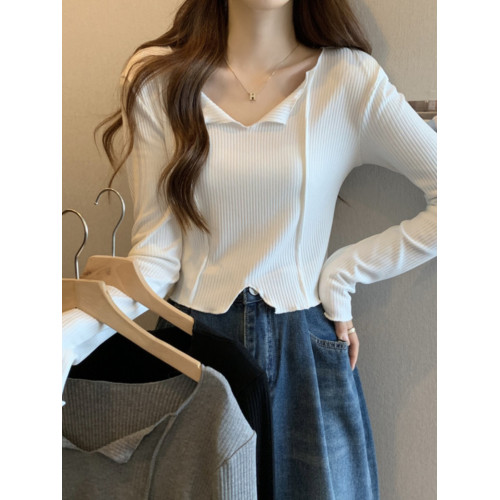 灰色V領短款打底衫女春秋季不規則高腰正肩內搭長袖T恤小個子上衣