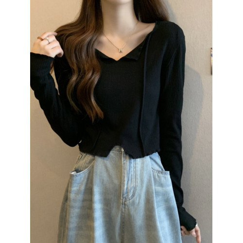 灰色V領短款打底衫女春秋季不規則高腰正肩內搭長袖T恤小個子上衣