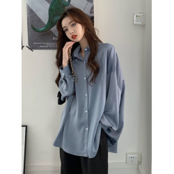 冰絲緞面防曬衫開衫女2025夏季寬松藍色慵懶長袖襯衫垂感大碼上衣