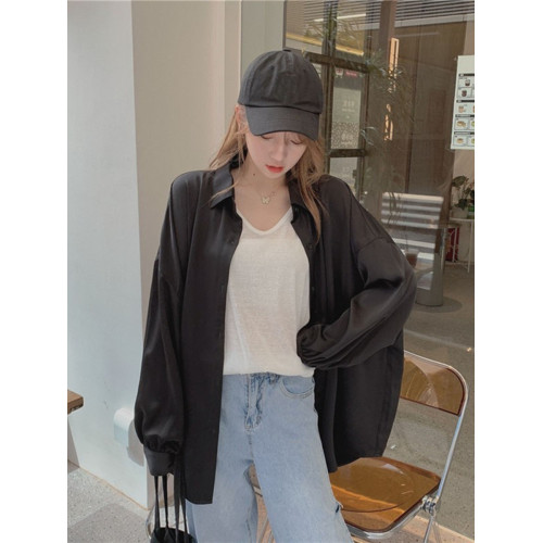 冰絲緞面防曬衫開衫女2025夏季寬松藍色慵懶長袖襯衫垂感大碼上衣