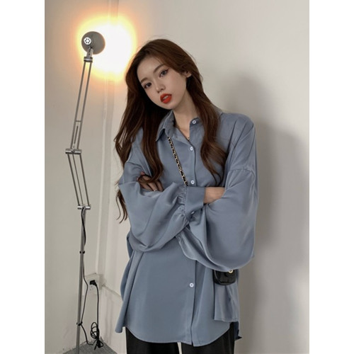 冰絲緞面防曬衫開衫女2025夏季寬松藍色慵懶長袖襯衫垂感大碼上衣