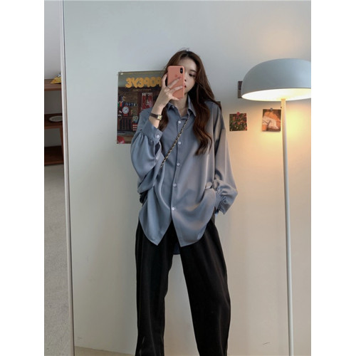 冰絲緞面防曬衫開衫女2025夏季寬松藍色慵懶長袖襯衫垂感大碼上衣