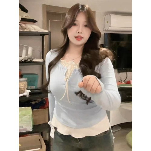 大碼mm甜美風減齡假兩件上衣女春季顯瘦百搭休閒通勤打底衫T恤潮