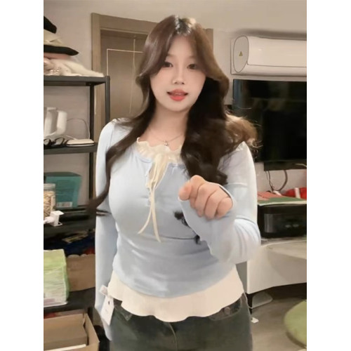 大碼mm甜美風減齡假兩件上衣女春季顯瘦百搭休閒通勤打底衫T恤潮