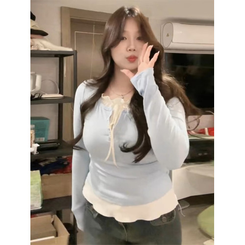 大碼mm甜美風減齡假兩件上衣女春季顯瘦百搭休閒通勤打底衫T恤潮