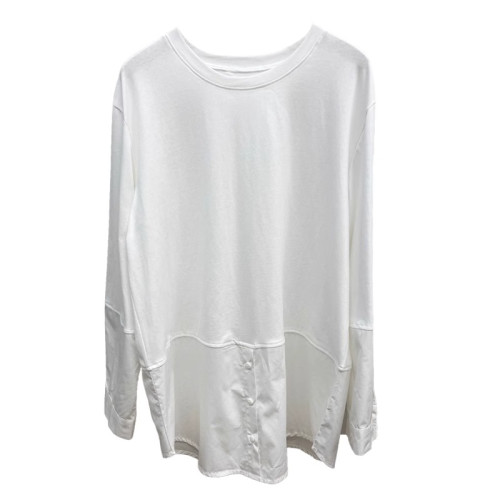 設計感簡約棉質T恤拼接襯衫秋冬韓版圓領寬松白色長袖打底衫上衣