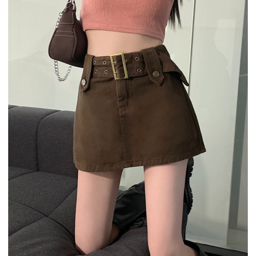 大胖妹妹美式復古棕色半身裙牛仔短裙褲女春夏設計感顯瘦包臀裙子 大胖妹妹美式復古棕色半身裙牛仔短裙褲女春夏設計感顯瘦包臀裙子