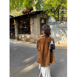 咖色麂皮絨外套女西裝皮衣美拉德2025秋季新款皮夾克高級感小個子