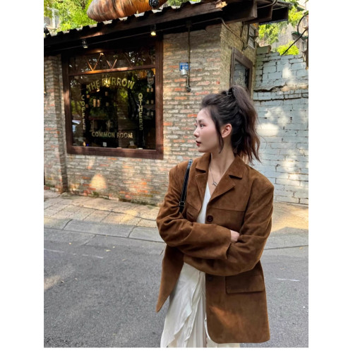 咖色麂皮絨外套女西裝皮衣美拉德2025秋季新款皮夾克高級感小個子 咖色麂皮絨外套女西裝皮衣美拉德2025秋季新款皮夾克高級感小個子