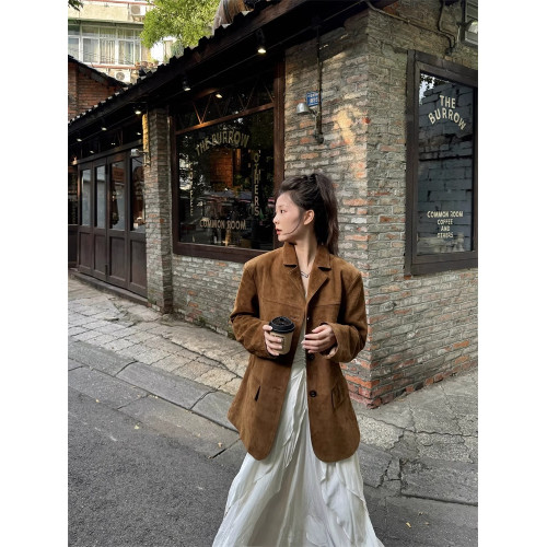 咖色麂皮絨外套女西裝皮衣美拉德2025秋季新款皮夾克高級感小個子 咖色麂皮絨外套女西裝皮衣美拉德2025秋季新款皮夾克高級感小個子