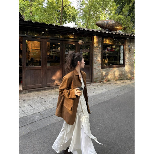 咖色麂皮絨外套女西裝皮衣美拉德2025秋季新款皮夾克高級感小個子 咖色麂皮絨外套女西裝皮衣美拉德2025秋季新款皮夾克高級感小個子