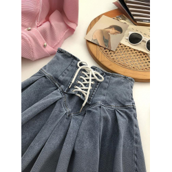 2024新款辣妹彈力牛仔百褶裙女韓版交叉綁帶短裙時尚百搭半身裙