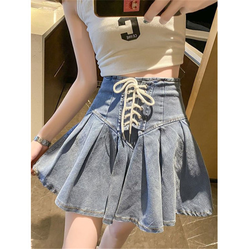 2024新款辣妹彈力牛仔百褶裙女韓版交叉綁帶短裙時尚百搭半身裙 2024新款辣妹彈力牛仔百褶裙女韓版交叉綁帶短裙時尚百搭半身裙