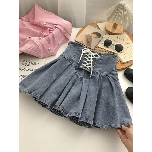 2024新款辣妹彈力牛仔百褶裙女韓版交叉綁帶短裙時尚百搭半身裙 2024新款辣妹彈力牛仔百褶裙女韓版交叉綁帶短裙時尚百搭半身裙