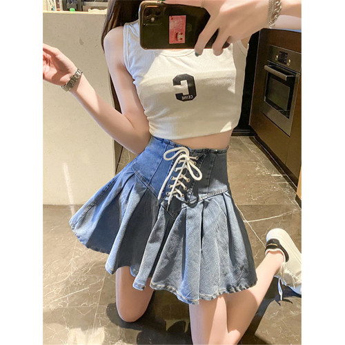 2024新款辣妹彈力牛仔百褶裙女韓版交叉綁帶短裙時尚百搭半身裙 2024新款辣妹彈力牛仔百褶裙女韓版交叉綁帶短裙時尚百搭半身裙
