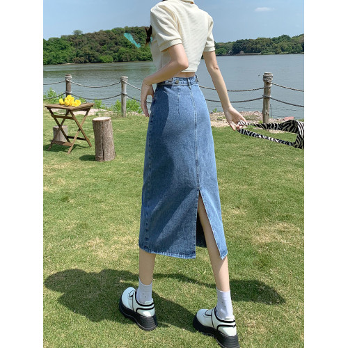 黑色開叉牛仔半身裙女夏季中長款2025年新款小個子高腰a字包臀裙