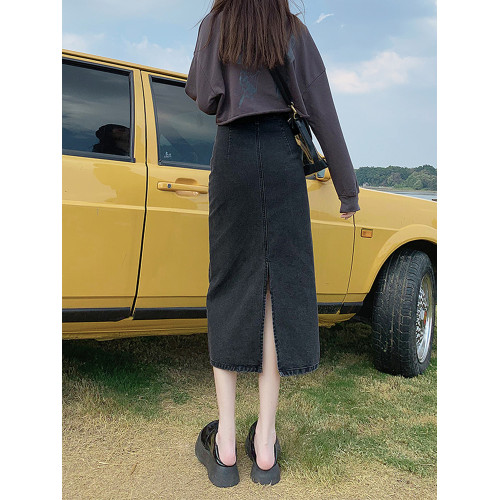 黑色開叉牛仔半身裙女夏季中長款2025年新款小個子高腰a字包臀裙