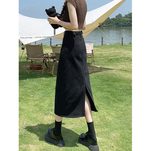 黑色開叉牛仔半身裙女夏季中長款2025年新款小個子高腰a字包臀裙